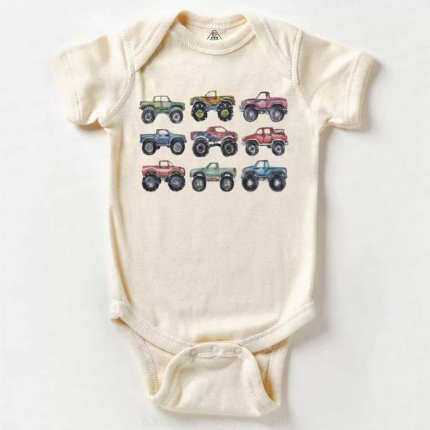 Retro Monster Trucks In A Row Bodysuit Beepumpkin