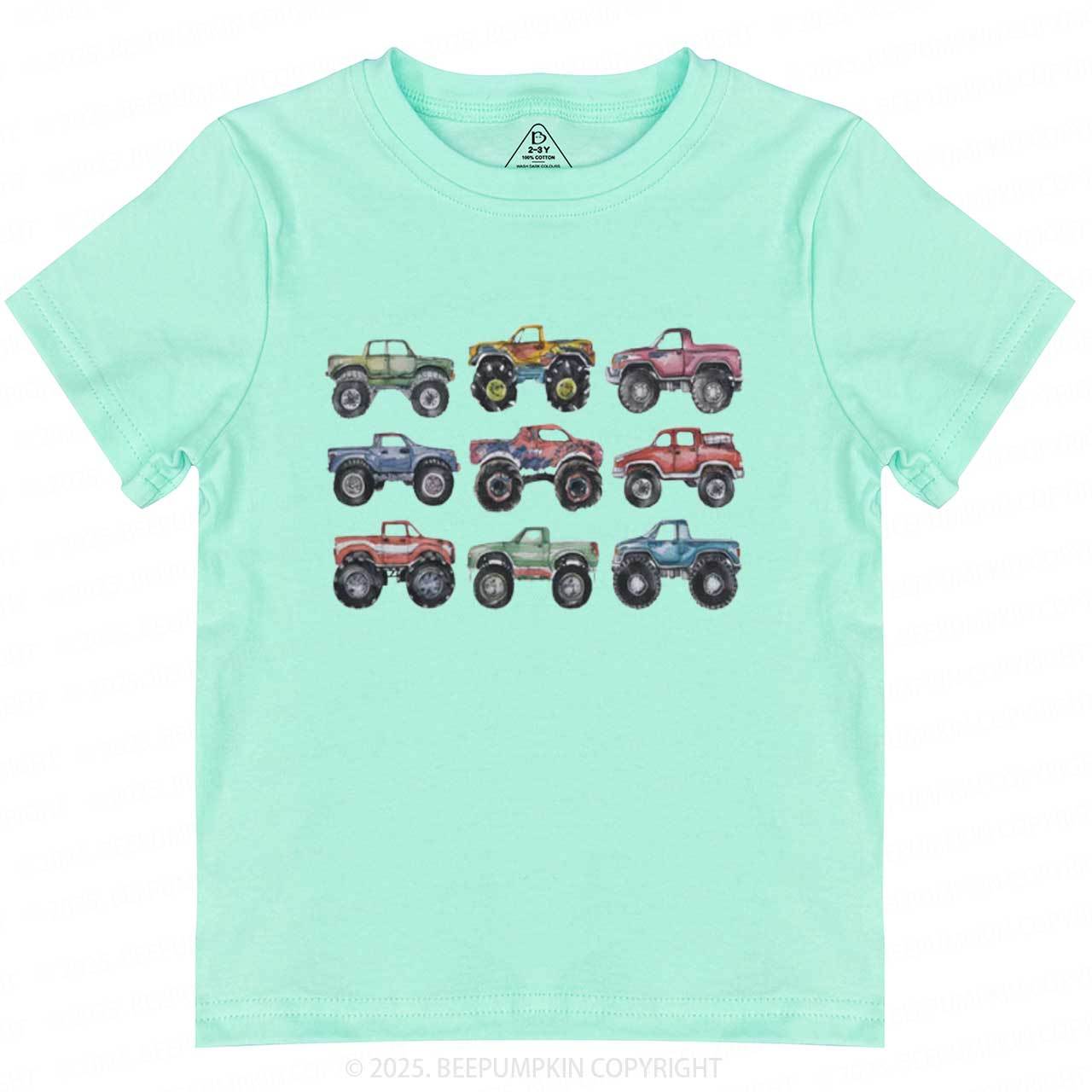 Retro Monster Trucks In A Row Toddler&Kid's Tees Beepumpkin