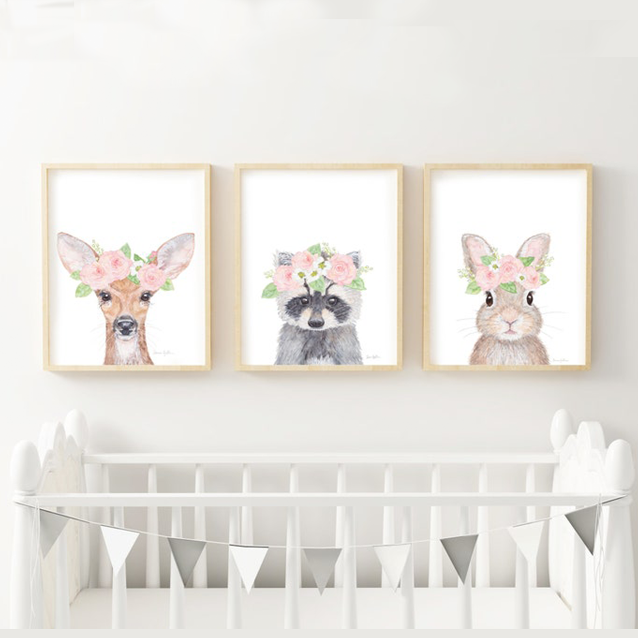 Set Of 3 Floral Woodland Baby Animal Digital Nursery Art