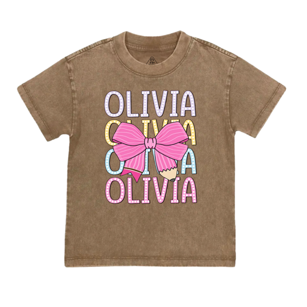Personalized  Pink Bow Toddler&Kids Washed Tees
