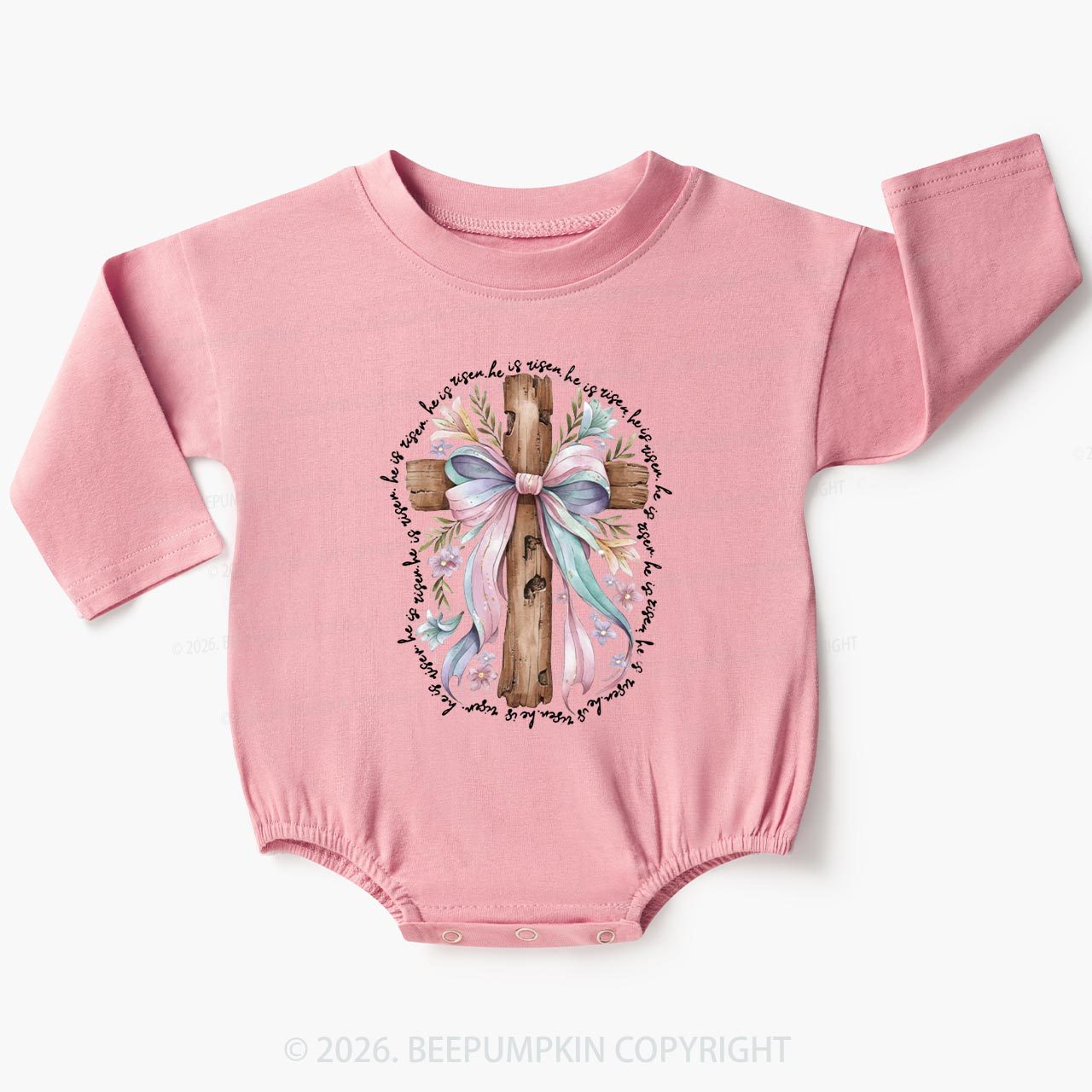 He Is Risen Soft Pastel Cross Baby Bubble Romper