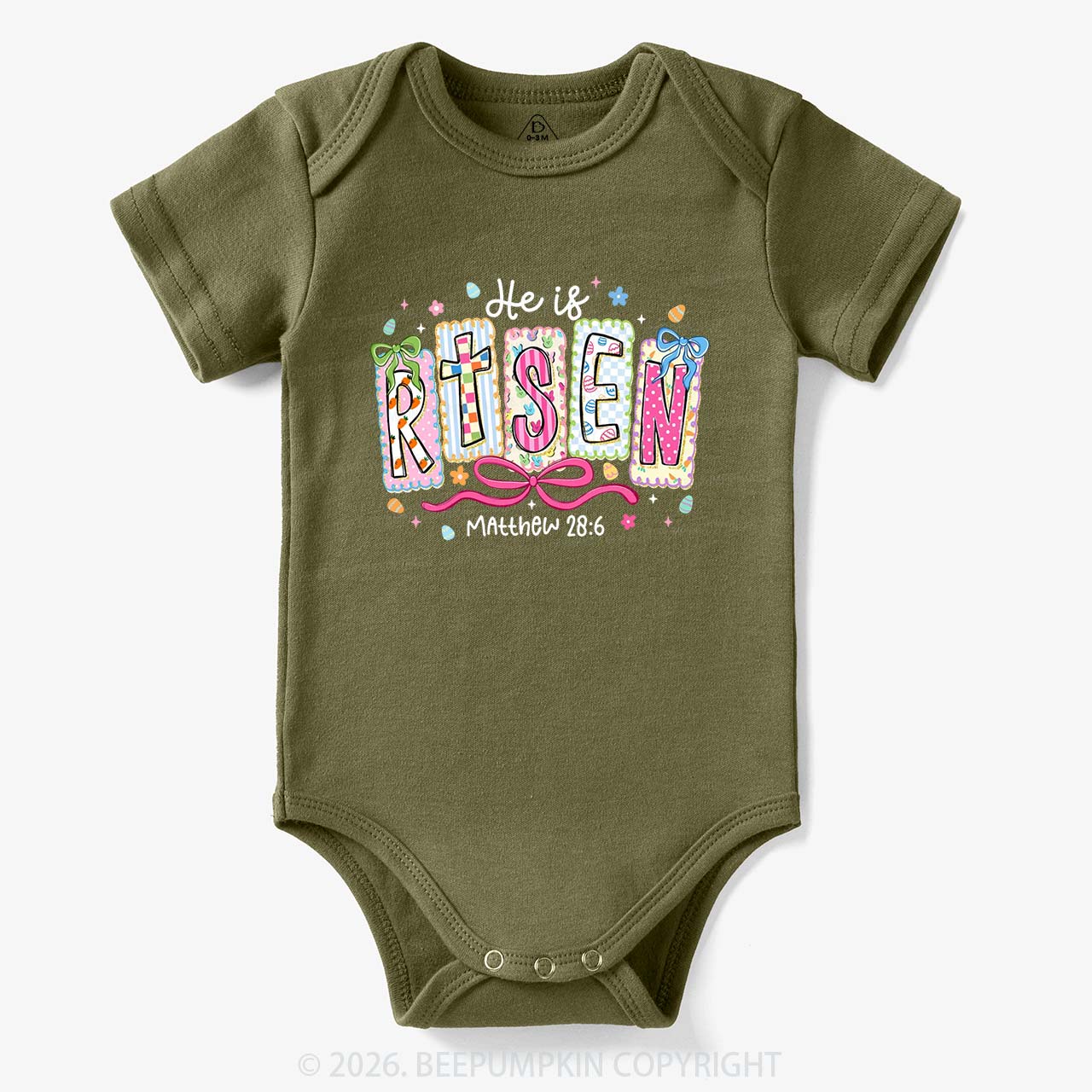 Easter Bow Lettering He Is Risen Baby Bodysuit