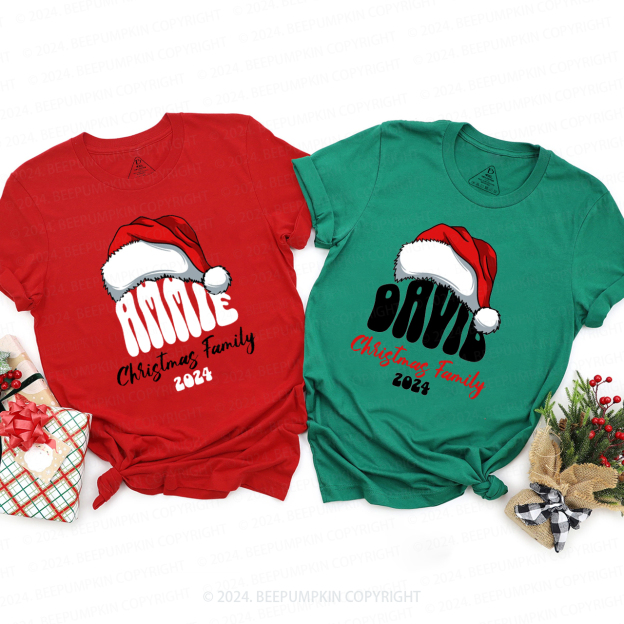 Personalized Red Hat And Name Christmas Matching T-Shirts
