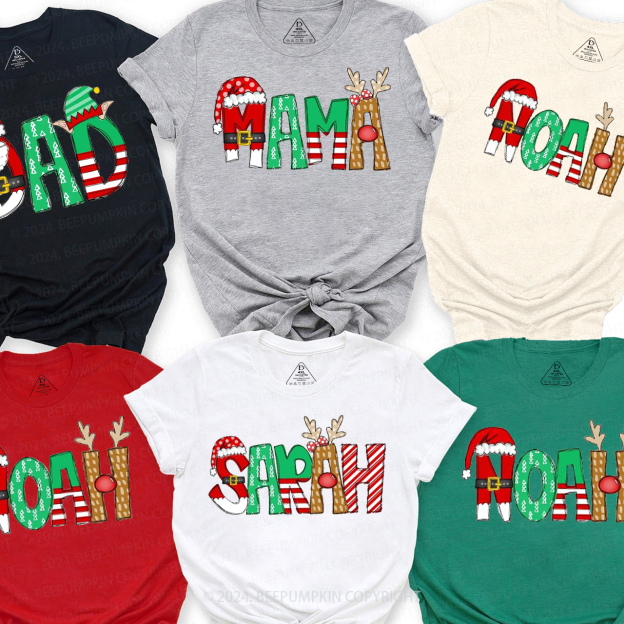 Personalized Cartoon Font Santa Family Matching T-Shirts Beepumpkin