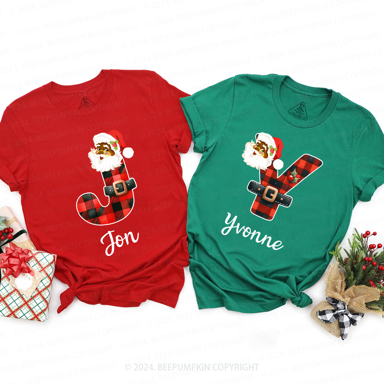 Personalized Santa Plaid Letter Christmas Matching T-Shirts Beepumpkin