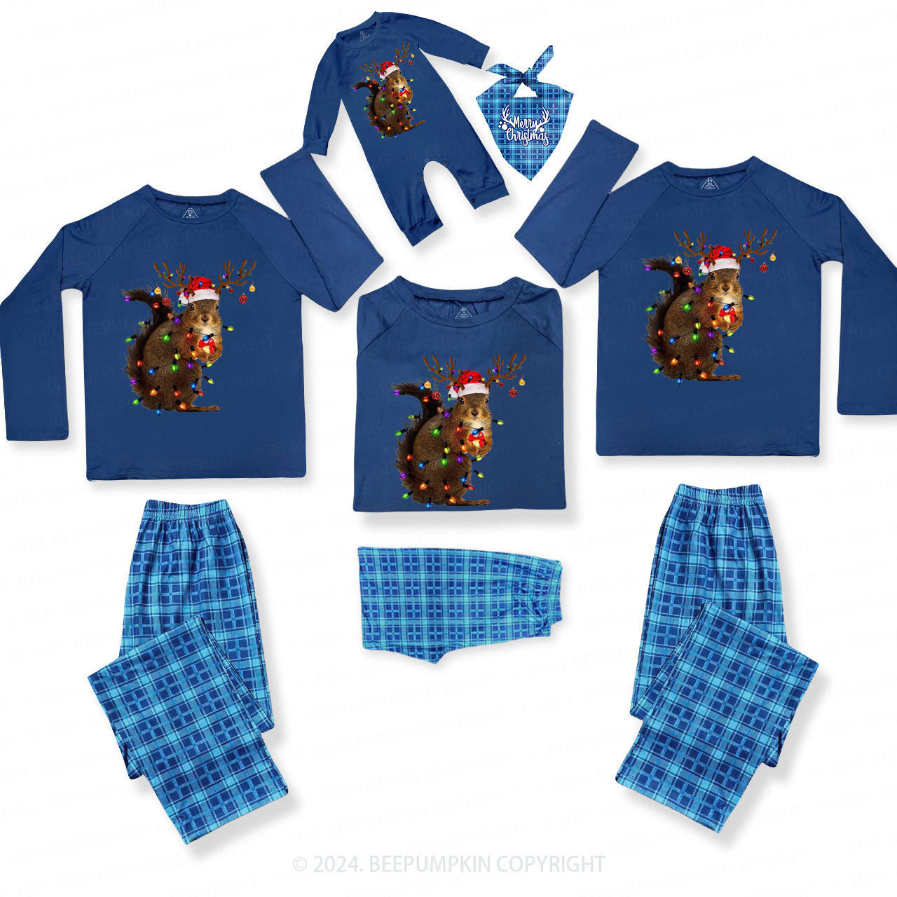 Squirrel Christmas Lights Family Matching Blue Pajamas Beepumpkin
