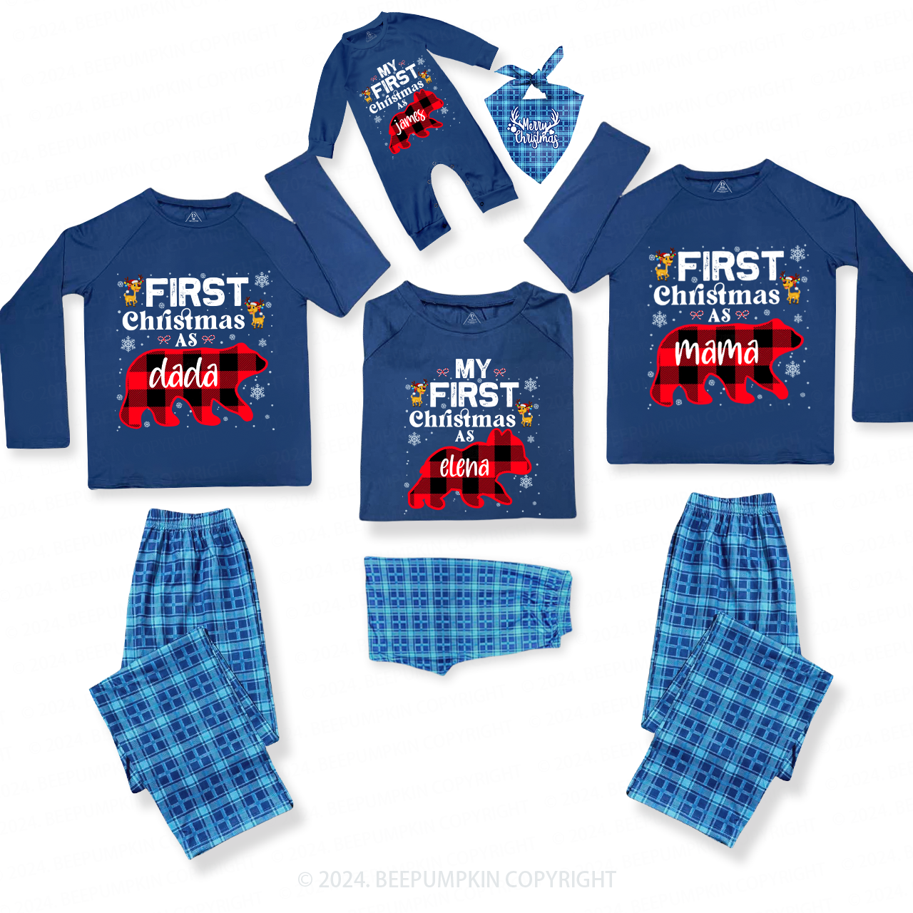 Personalized First Christmas Bear Buffalo Plaid Family Matching Blue Pajamas Beepumpkin
