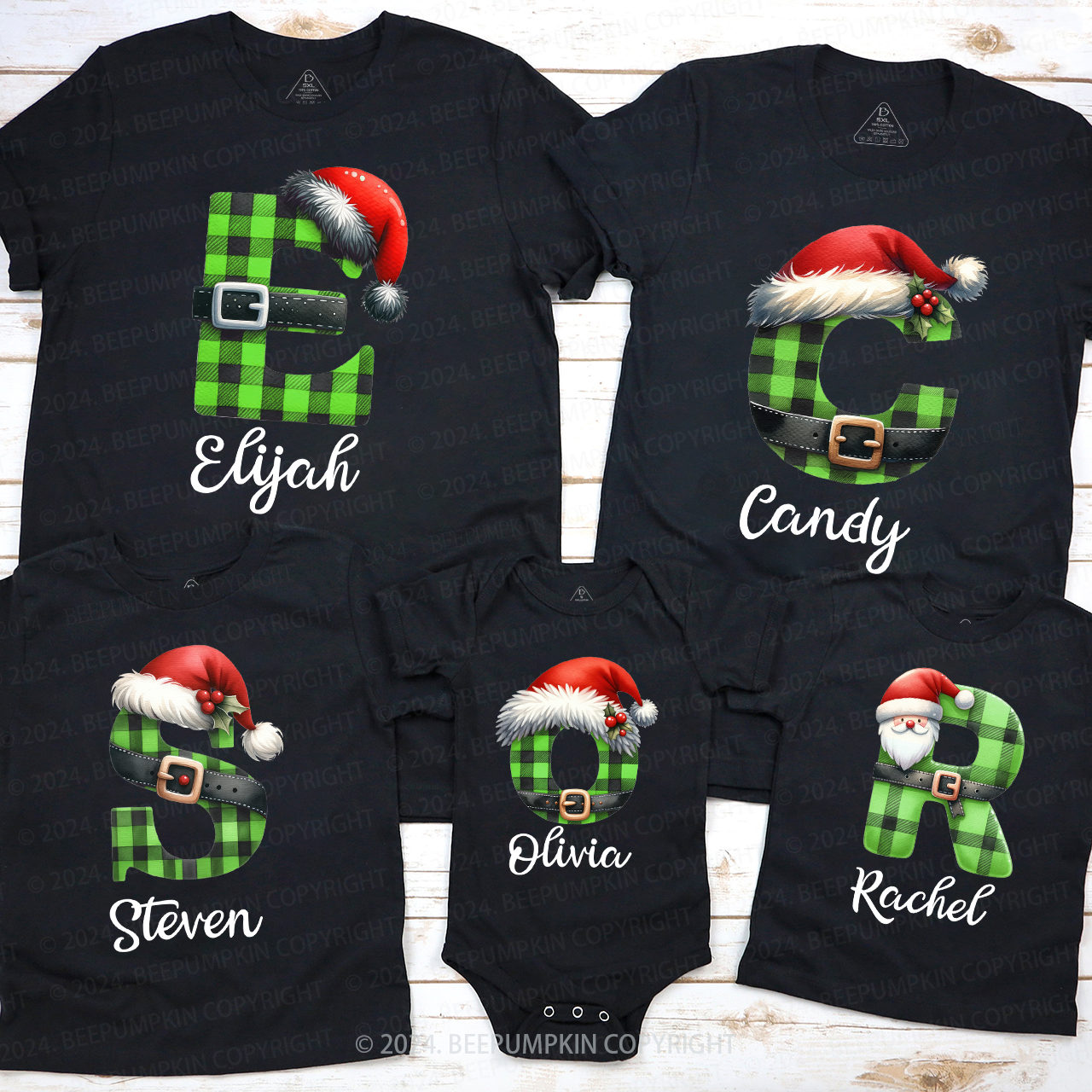 Personalized Green Plaid Letter Christmas Family Matching T-Shirts Beepumpkin