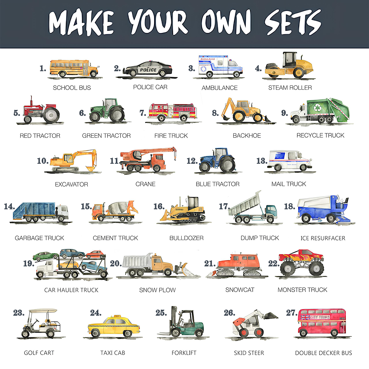Set Of 6 Construction Vehicle Digital Nursery Wall Art