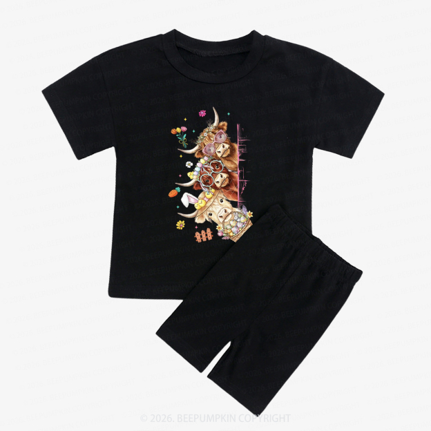Easter Day Highland Cow&Bunny Kids Biker Shorts&Tee