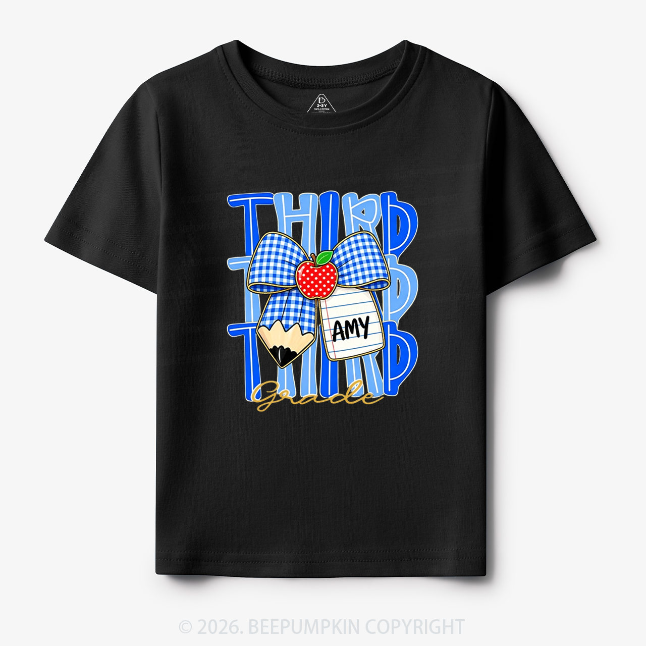 Personalized Blue Gingham Pencil Bow Toddler&Kid's Tees