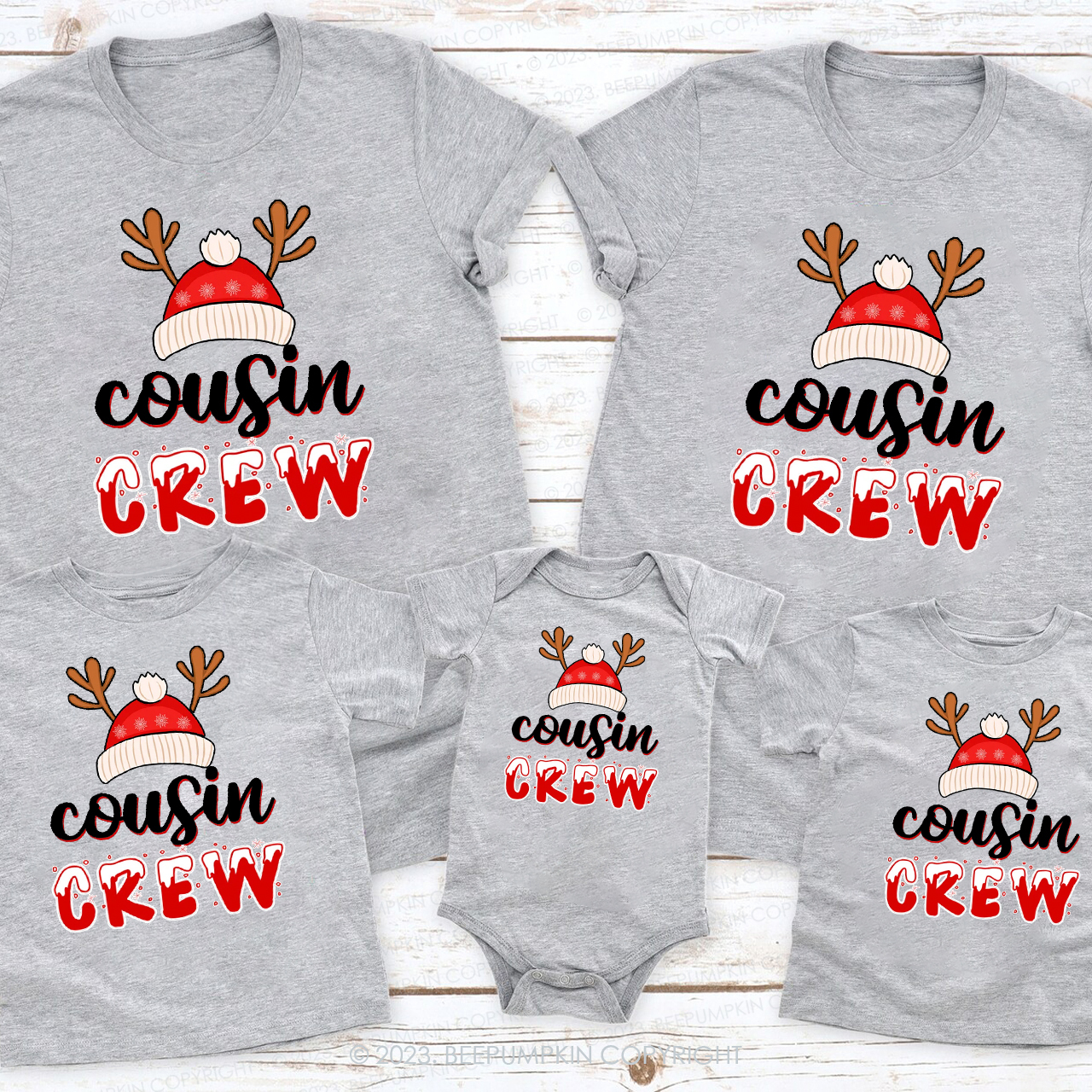 Cousin Crew Cute Christmas Antler Hat Family Matching Shirts Beepumpkin