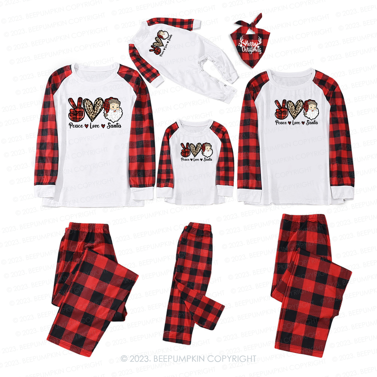 Christmas Peace Love Plaid Leopard Print Elements Matching Pajamas Bee