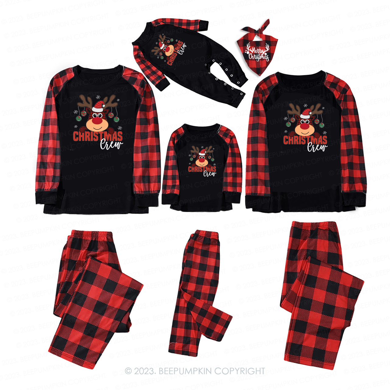 Cute Plaid Elk Christmas Crew Matching Pajamas Beepumpkin