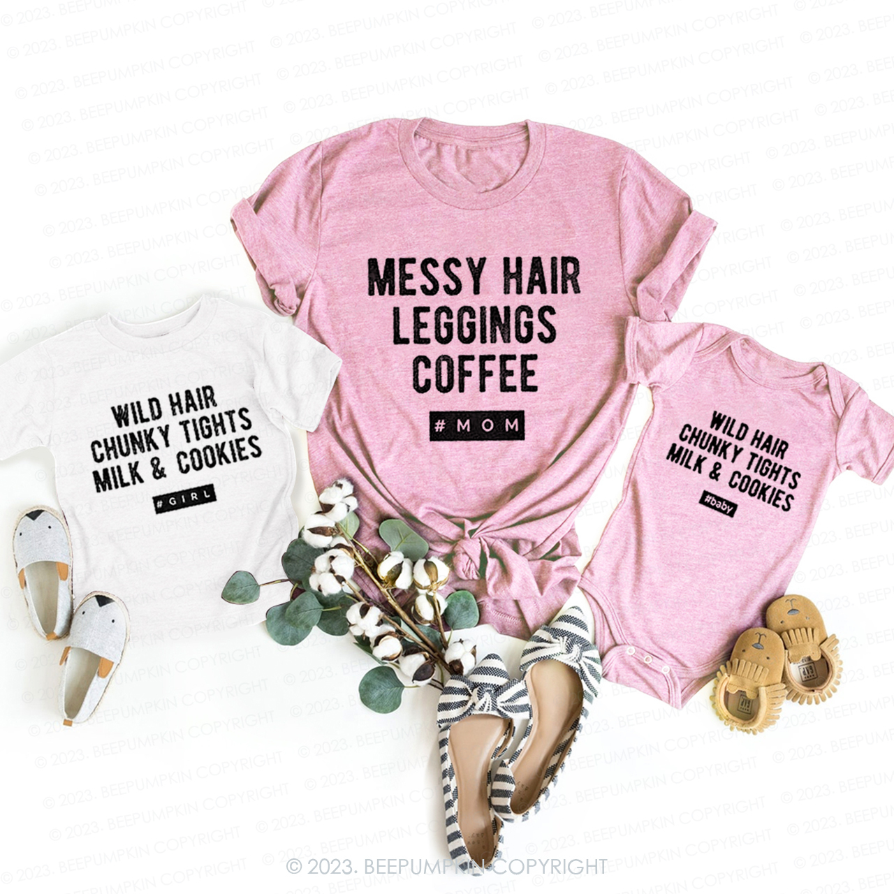 Messy Hair Leggings Coffee T-Shirts For Mom&Me