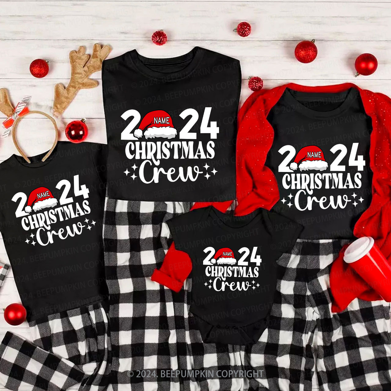 Personalized Christmas Crew 2024 Name On Santa Hat Shirts