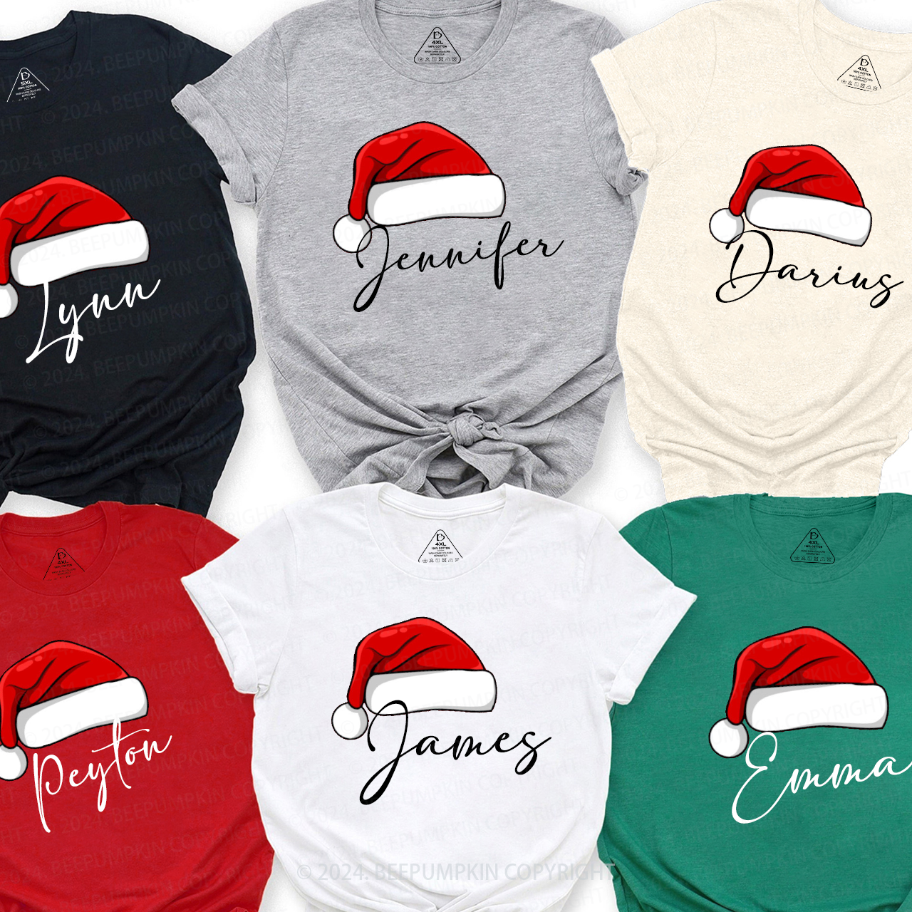 Personalized Name Cute Santa Red Hat Family Matching T-Shirts