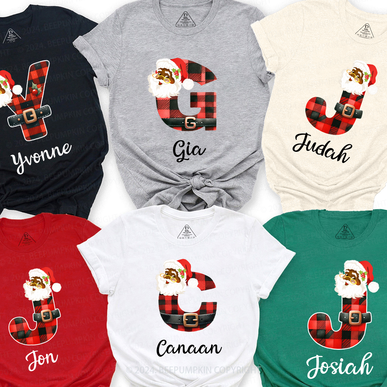 Personalized Santa Plaid Letter Christmas Matching T-Shirts Beepumpkin