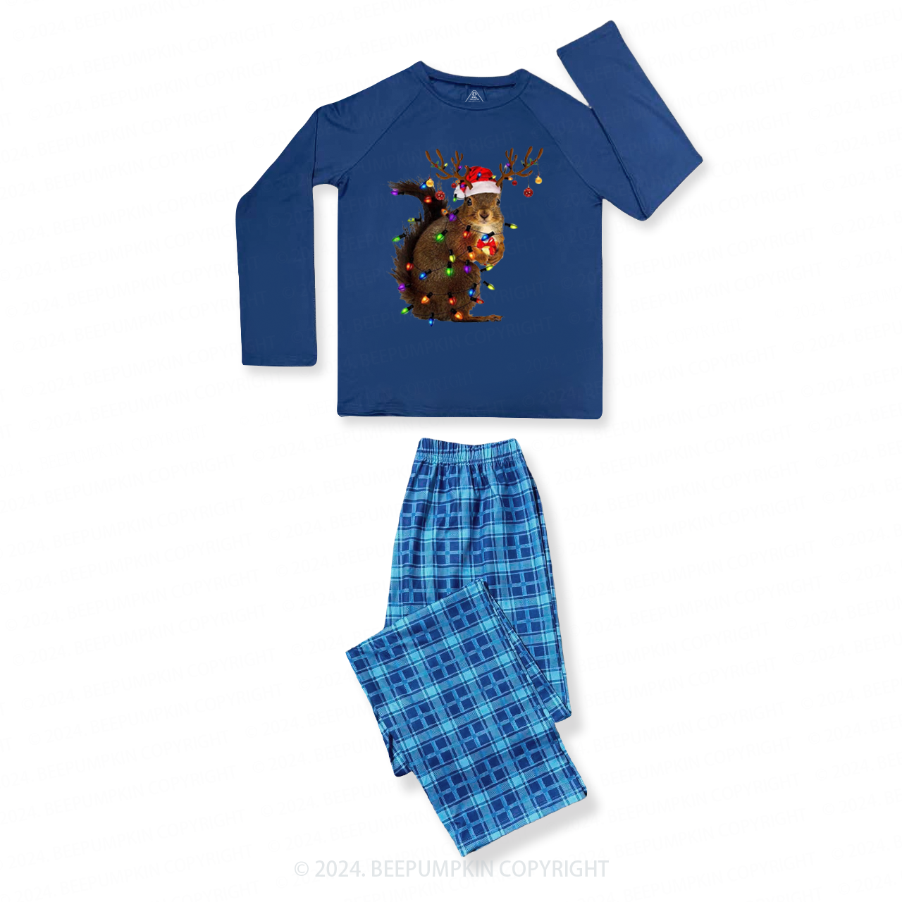 Squirrel Christmas Lights Family Matching Blue Pajamas Beepumpkin