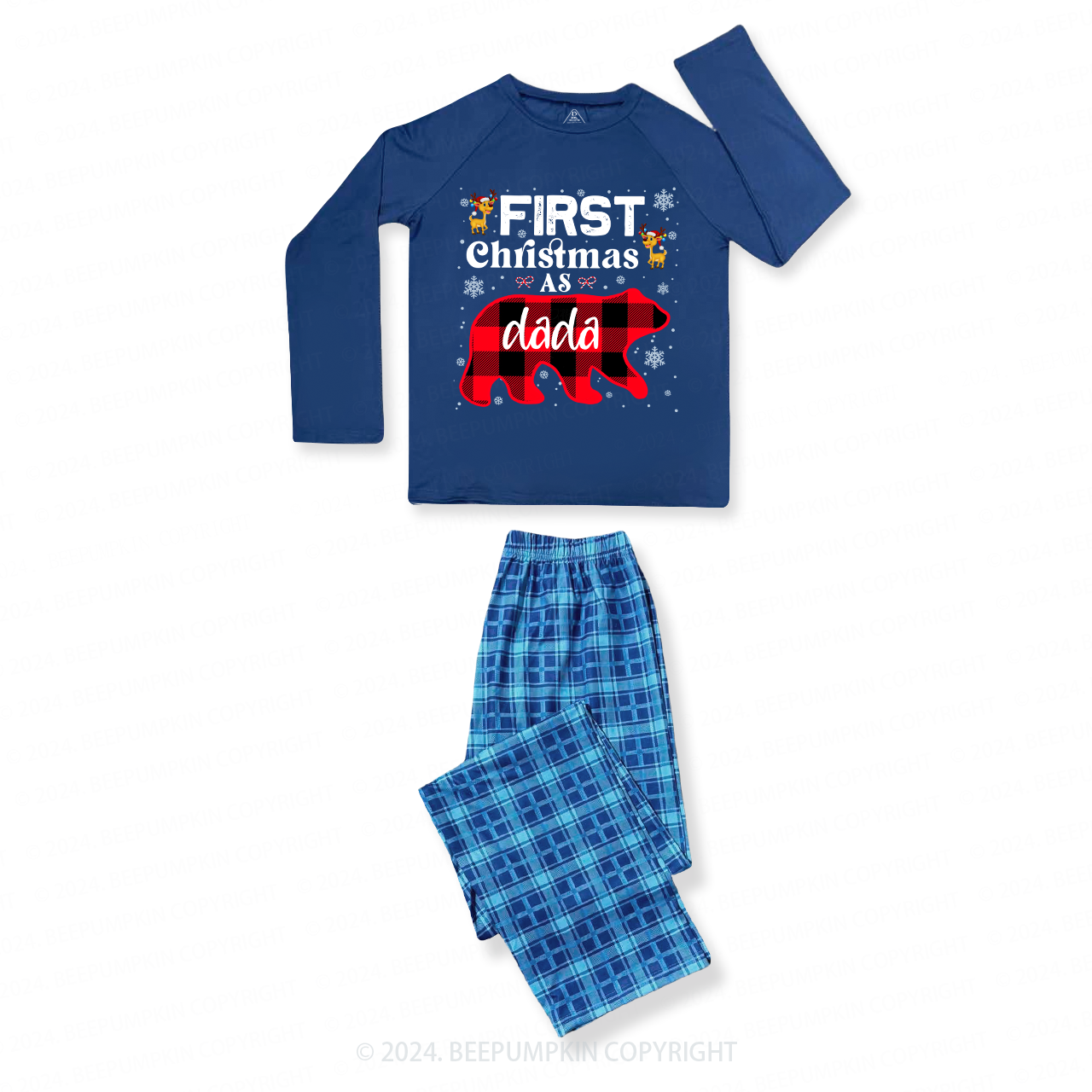 Personalized First Christmas Bear Buffalo Plaid Family Matching Blue Pajamas Beepumpkin