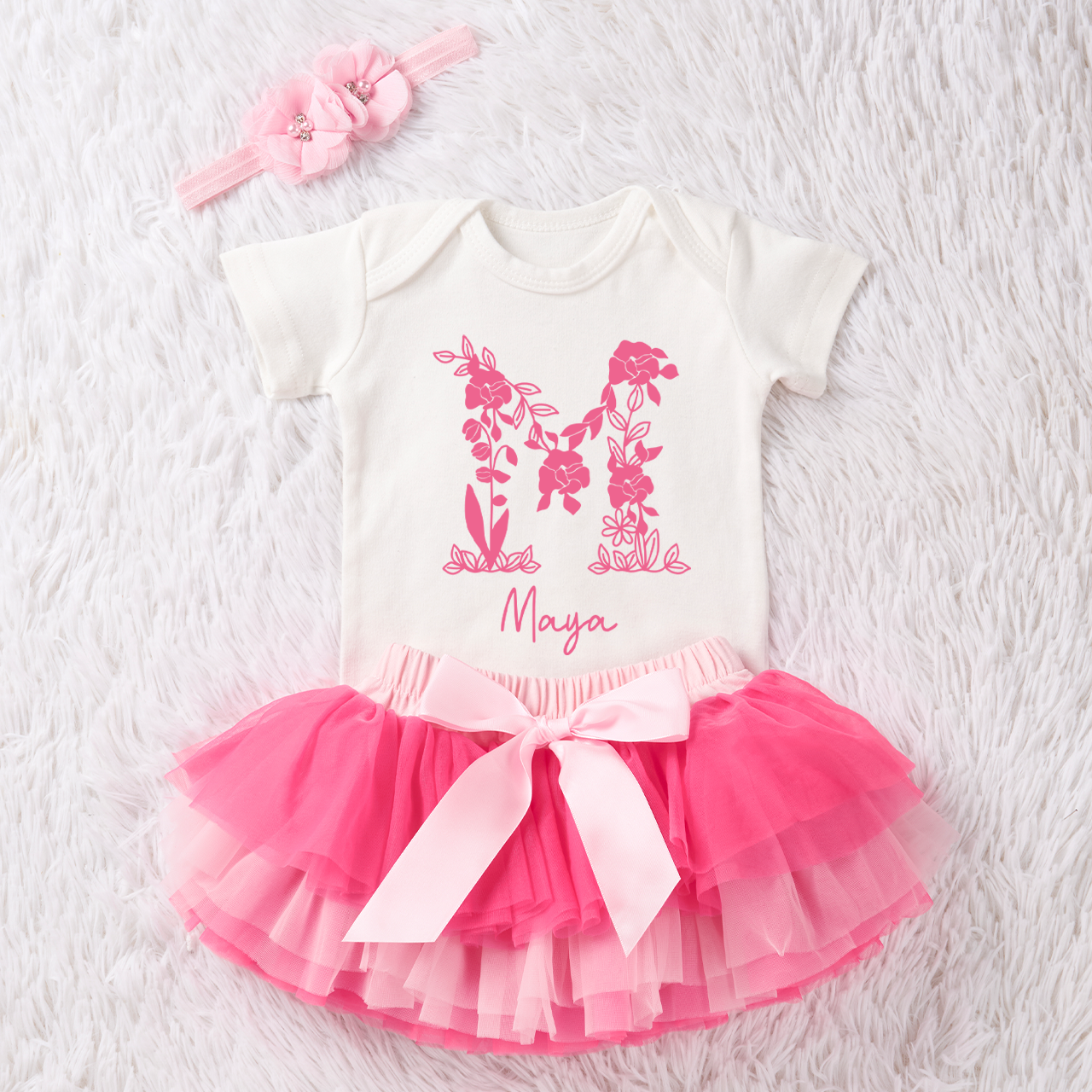 3 Pieces Personalized Pink Petals Baby Girl Tutu Outfit Set