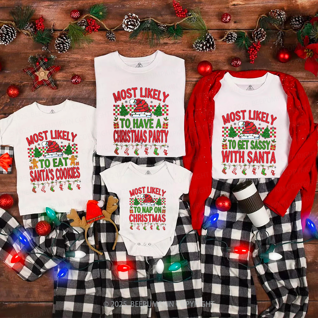 Personalized Most Likely To 7 Quotes Christmas Family Matching T-Shirts Beepumpkin