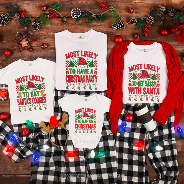 Personalized Most Likely To 7 Quotes Christmas Family Matching T-Shirts Beepumpkin