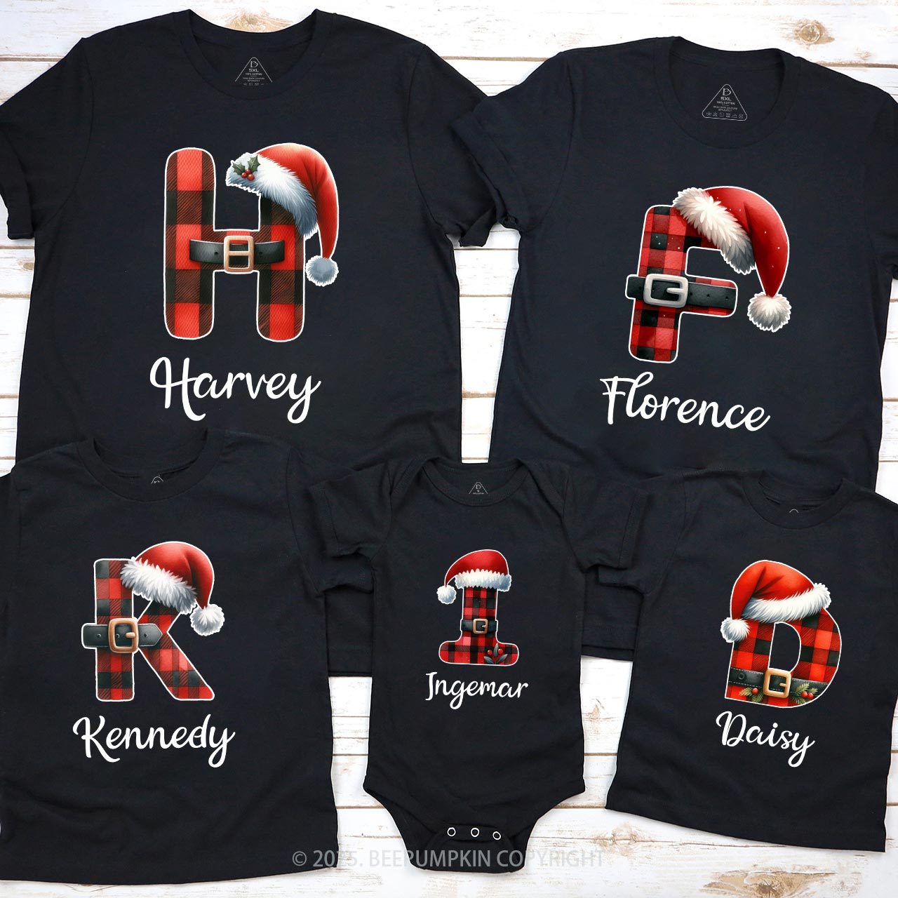 Personalized Reindeer Santa Claus Christmas Plaid Letters T-Shirts Beepumpkin