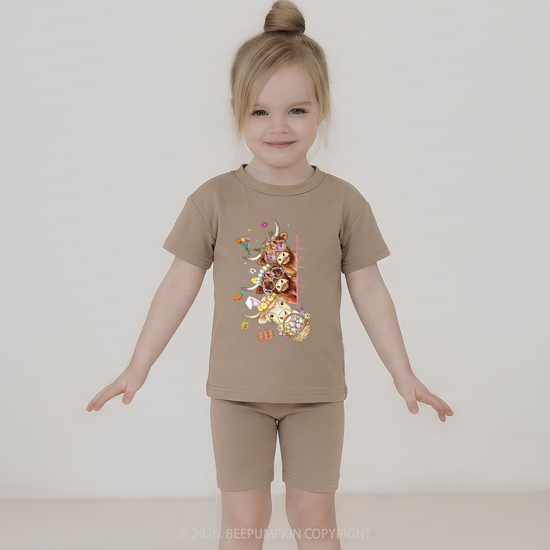 Easter Day Highland Cow&Bunny Kids Biker Shorts&Tee