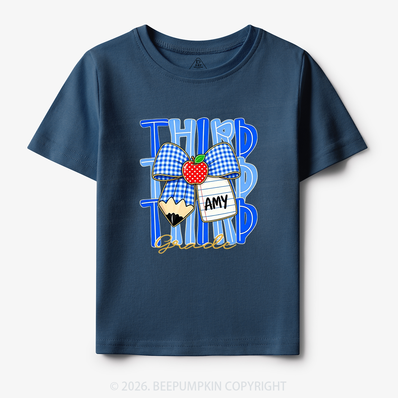 Personalized Blue Gingham Pencil Bow Toddler&Kid's Tees