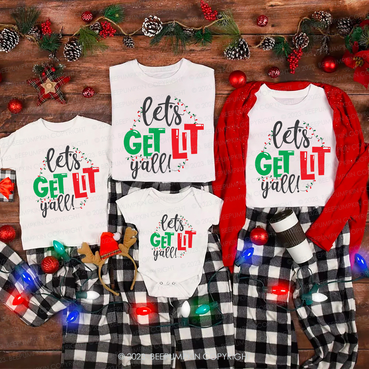 Let's Get Lit Christmas Matching Tees For Family Beepumpkin