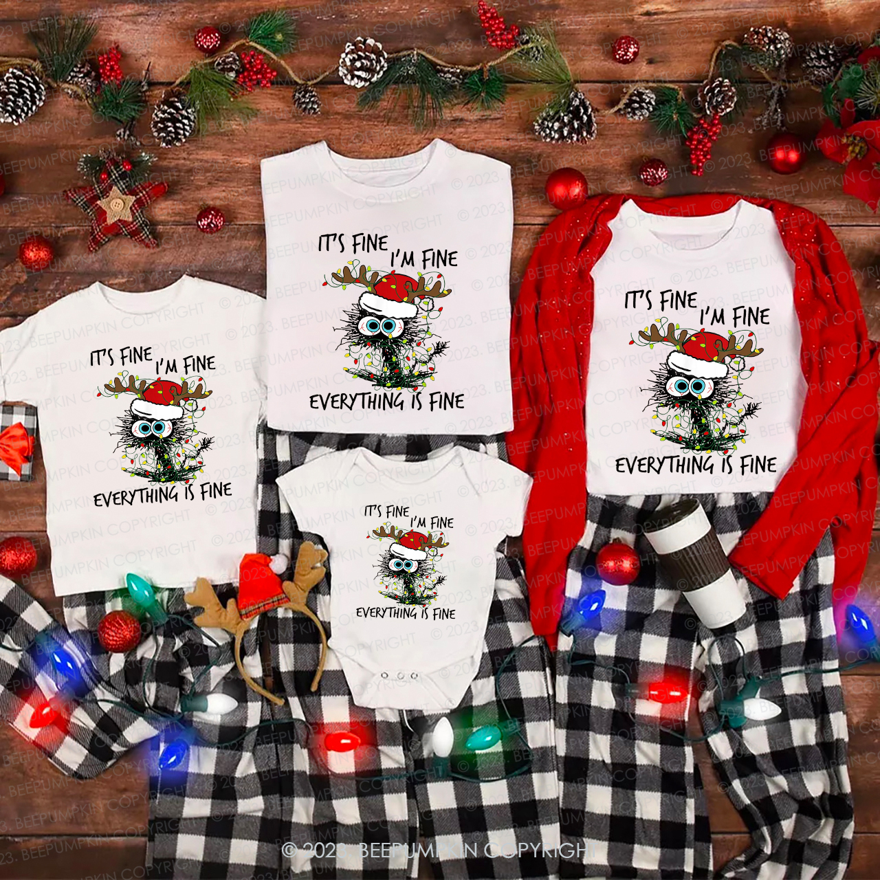 Christmas Cat Lover Everything is Fine Matching Tees Beepumpkin