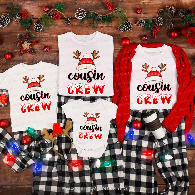 Cousin Crew Cute Christmas Antler Hat Family Matching Shirts Beepumpkin