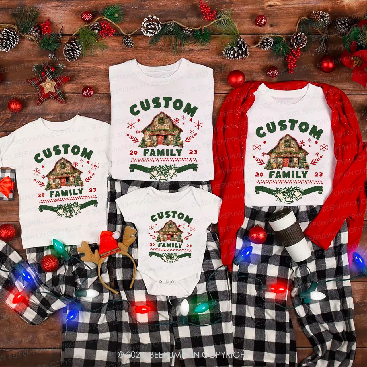 Custom Christmas 2023 Wooden House Matching Shirts Beepumpkin