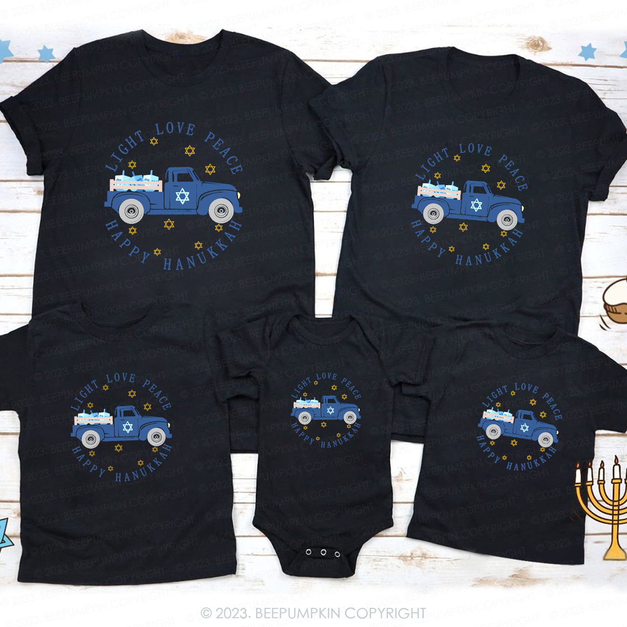 Hanukkah Dreidels Light Love Peace Family T-Shirts Beepumpkin 