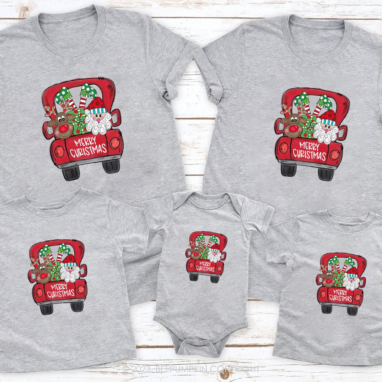 Santa Claus and Elk in Christmas Truck Matching Shirt