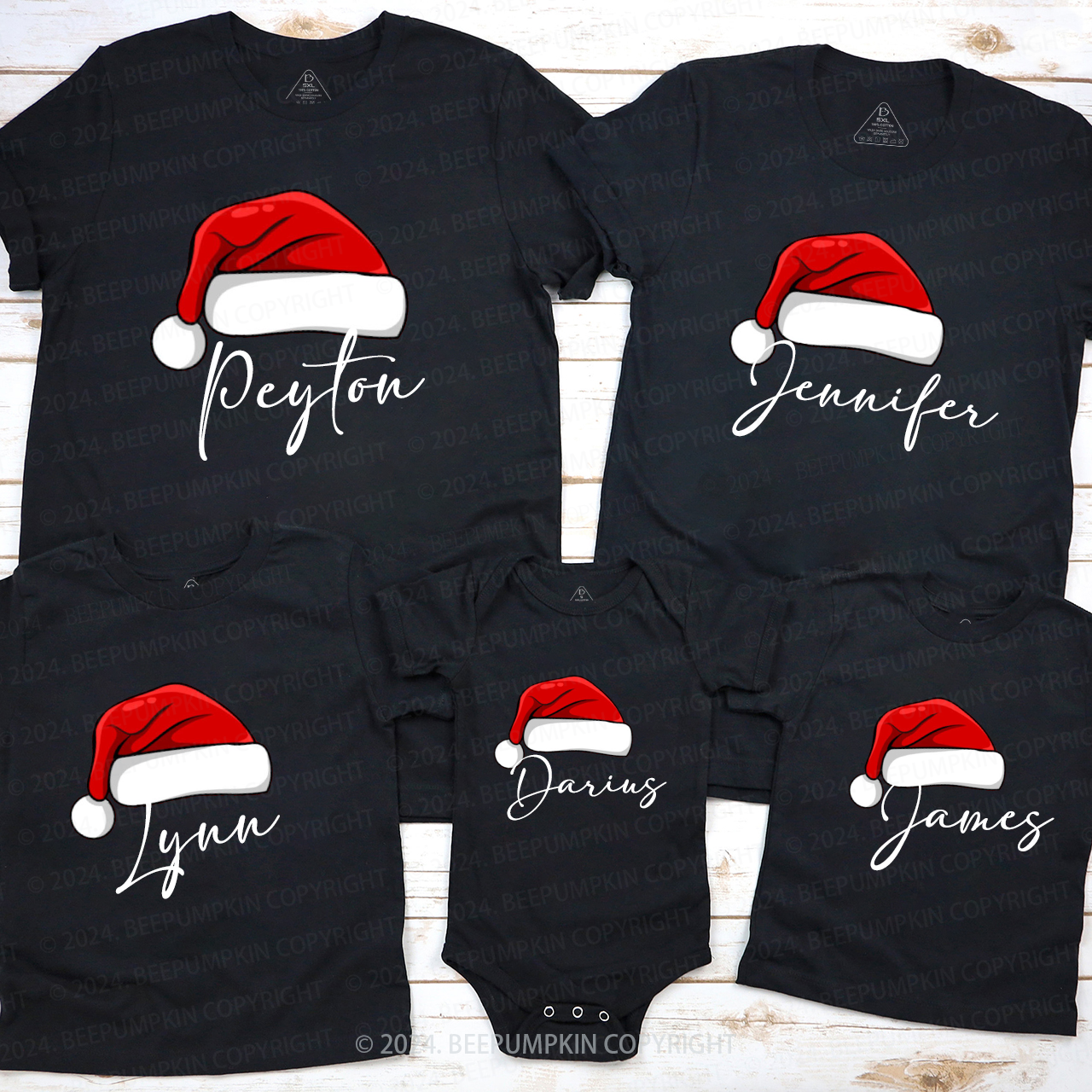 Personalized Name Cute Santa Red Hat Family Matching T-Shirts