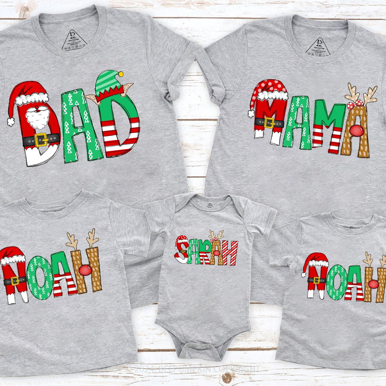 Personalized Cartoon Font Santa Family Matching T-Shirts Beepumpkin