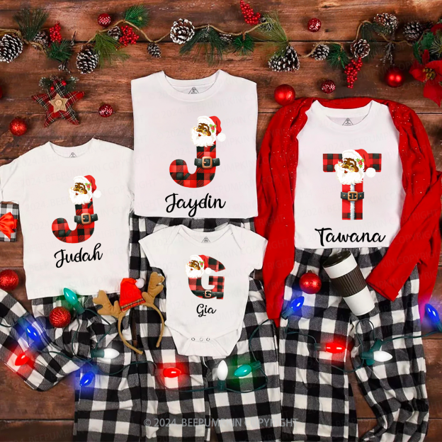 Personalized Santa Plaid Letter Christmas Matching T-Shirts Beepumpkin