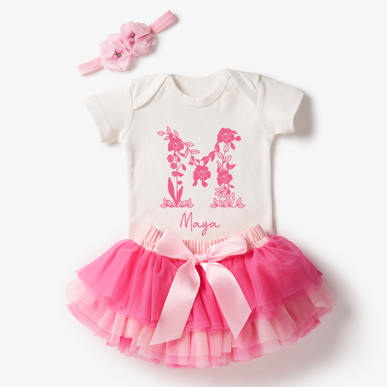 3 Pieces Personalized Pink Petals Baby Girl Tutu Outfit Set