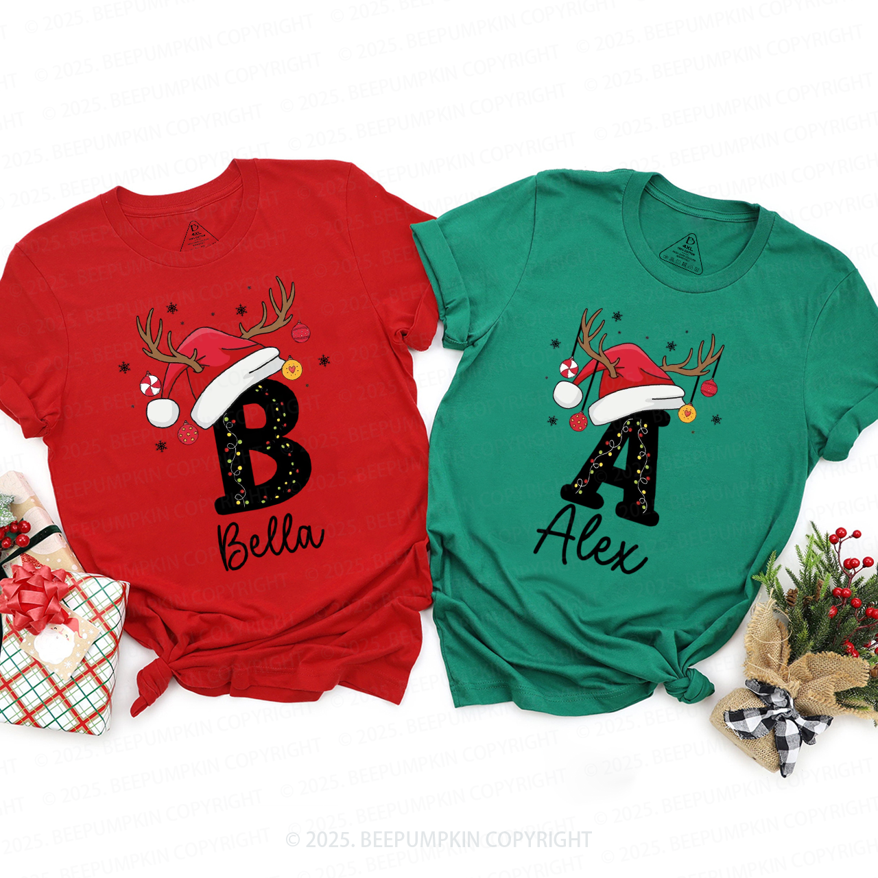Personalized Holiday Santa Hat Name Family Matching T-Shirts Beepumpkin