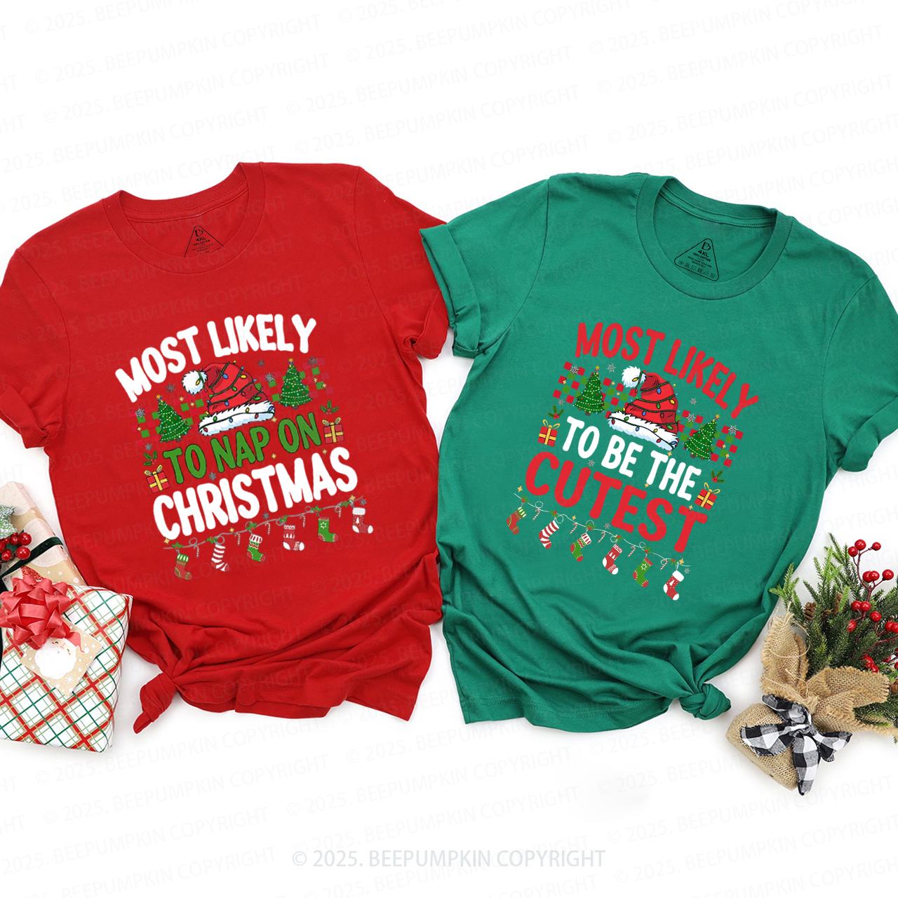 Personalized Most Likely To 7 Quotes Christmas Family Matching T-Shirts Beepumpkin