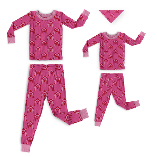 Hot Pink Rainbow Love All-Over Print Mom&Me Cuffed Pajama Sets