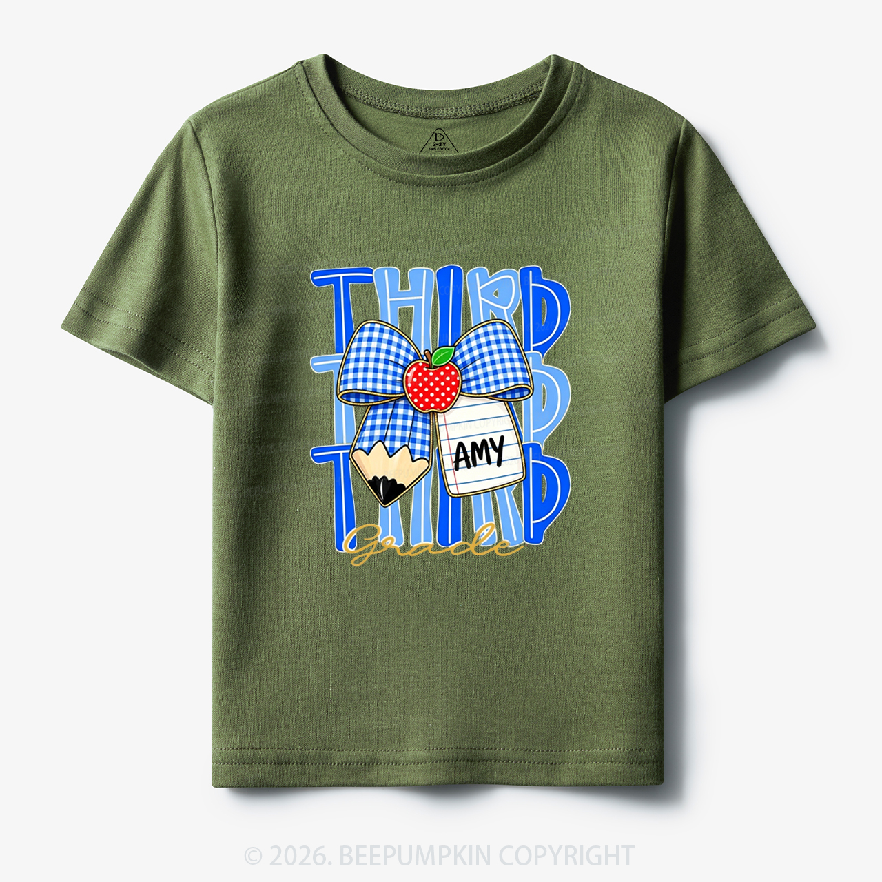 Personalized Blue Gingham Pencil Bow Toddler&Kid's Tees