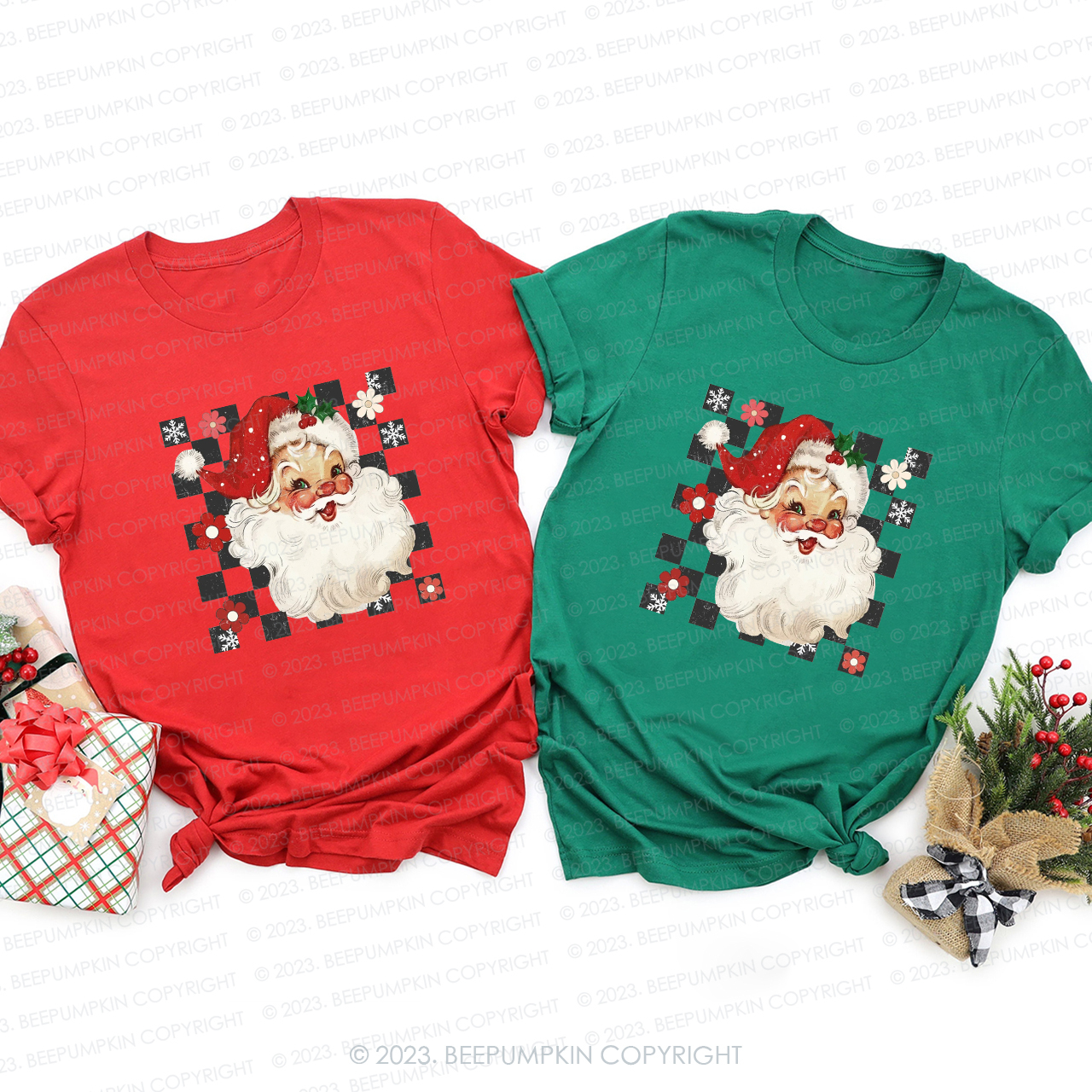 Retro Checkered Santa Claus Shirts For Family Beepumpkin
