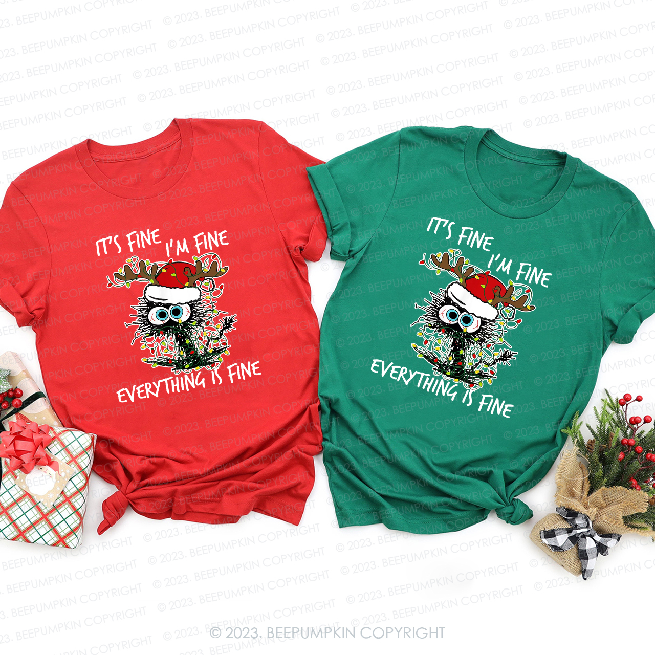 Christmas Cat Lover Everything is Fine Matching Tees Beepumpkin