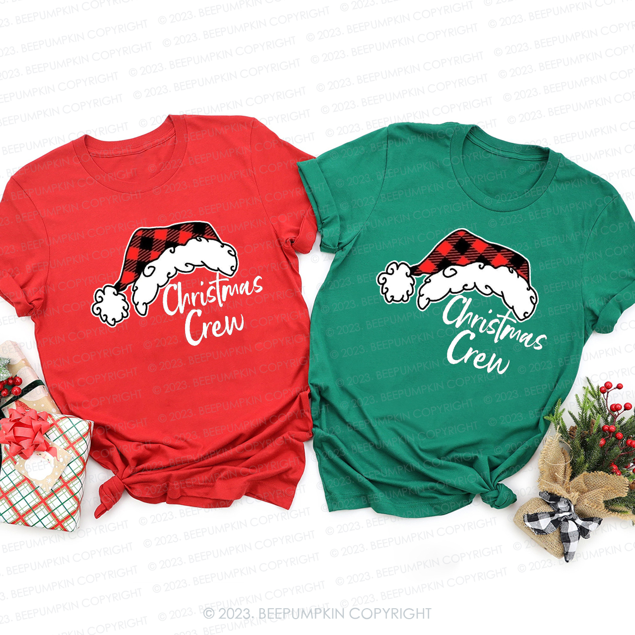 Christmas Crew Red Plaid Christmas Hat Family Matching Shirt