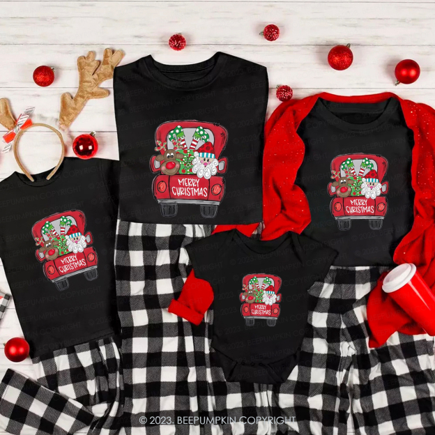Santa Claus and Elk in Christmas Truck Matching Shirt