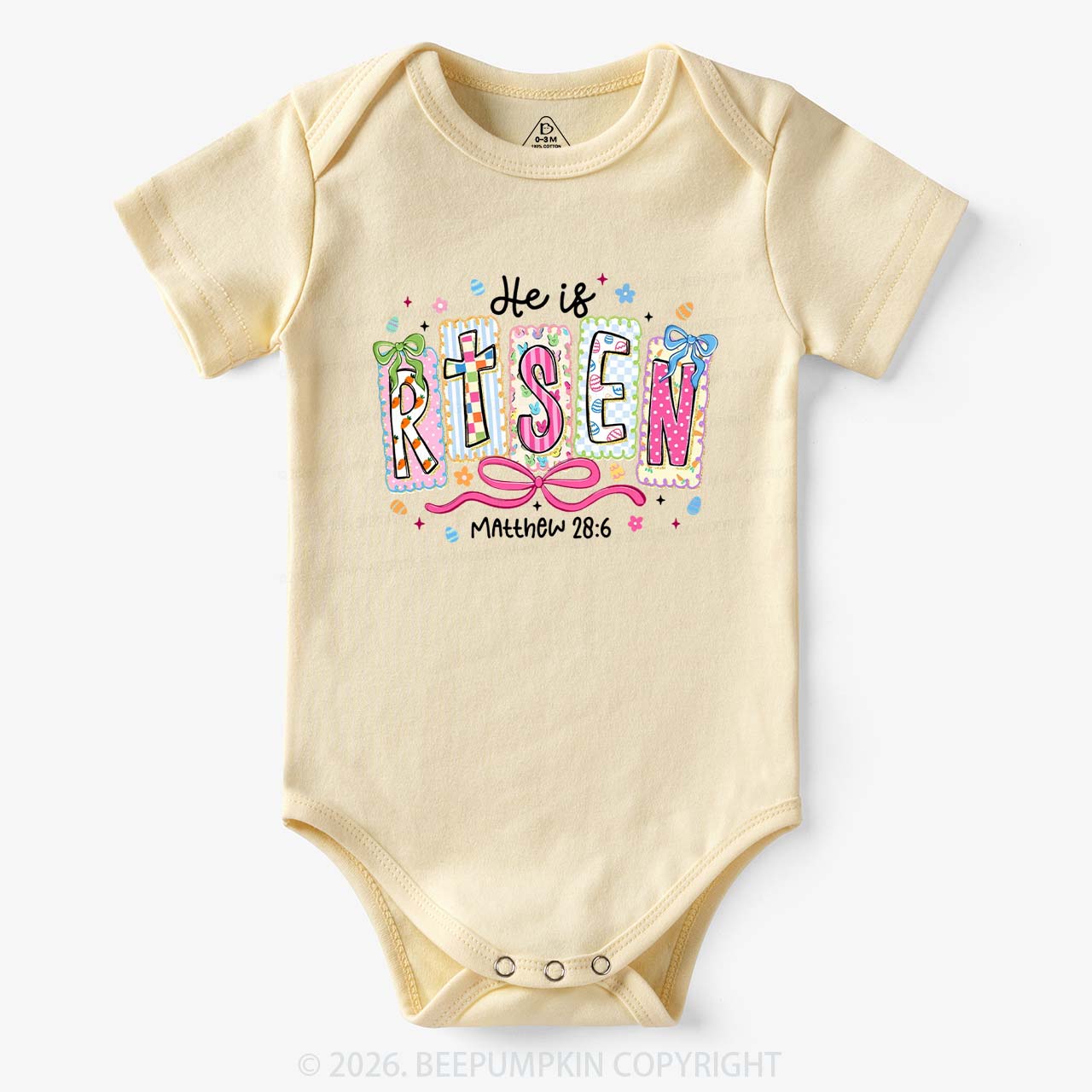Easter Bow Lettering He Is Risen Baby Bodysuit