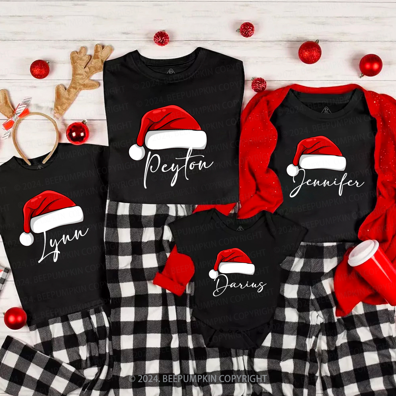 Personalized Name Cute Santa Red Hat Family Matching T-Shirts